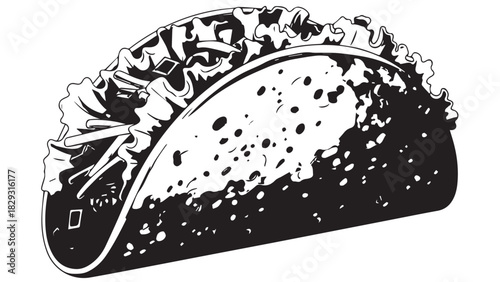 Monochrome illustration of a taco with bold outline and stylized details.