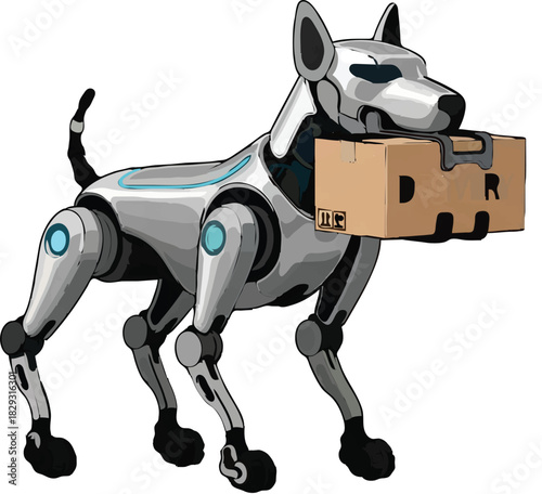 Futuristic robotic dog delivering package, envisioning the future of automated delivery services with a playful and innovative technological twist