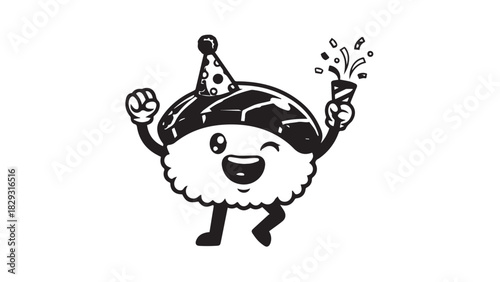 Cheerful cartoon mascot wearing a party hat with raised arms in celebration.