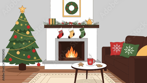 Festive holiday scene featuring decorated christmas tree and cozy fireplace ambiance