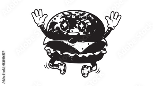Playful anthropomorphic hamburger character with arms and legs in a cartoon-style illustration.