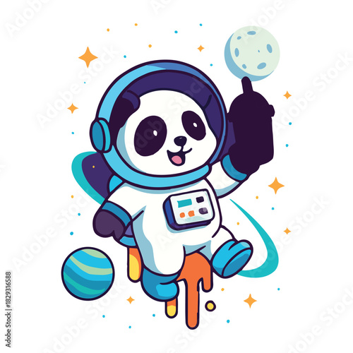 Cheerful cartoon astronaut panda riding a rocket scooter, exploring space with planets, stars, and dreams.