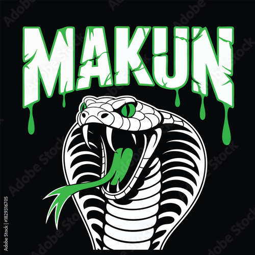 White cobra with green eyes and tongue dripping green text snake reptile