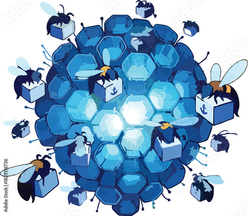 Busy bees collaborating on a blockchain network for shipping solutions, creating a buzz around modern logistics and data management, digital hive mind