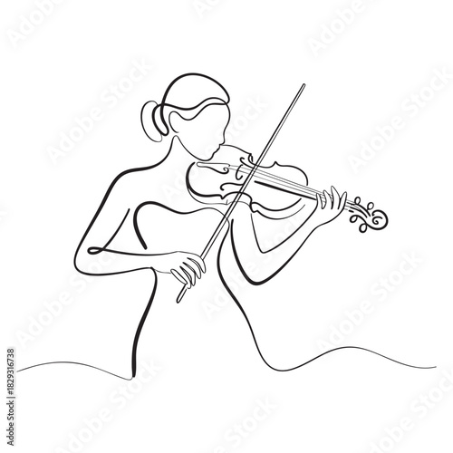 Woman playing violin in minimalist continuous line art style music instrument