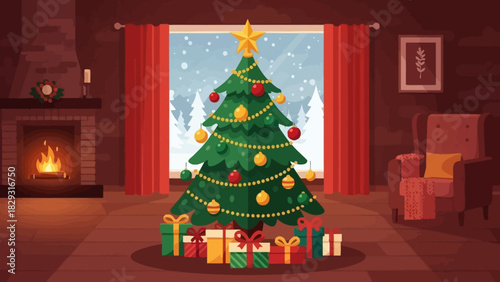 Festive christmas ambiance with decorated tree, fireplace, and snowfall outside creating an