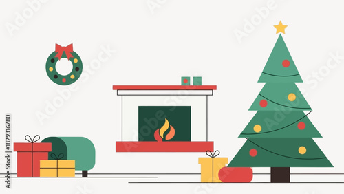Festive christmas illustration with tree, fireplace and gifts brings joy of holiday season