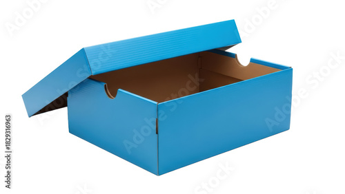 Empty bright blue corrugated plastic shoebox with lid wide open isolated on transparent background