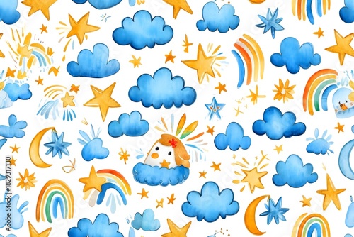Watercolor Sun, Moon, Rainbow, Star and Cloud Seamless Pattern