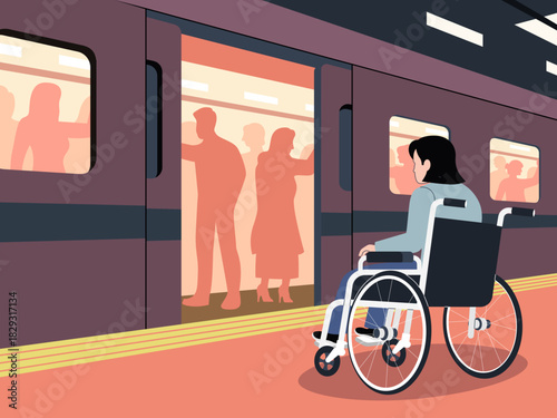 Woman in Wheelchair Waiting for Train
