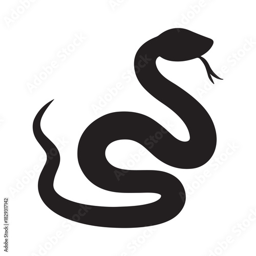 Mystery-inspired snake illustration with bold silhouette, coiled posture, poised head, dramatic negative space.