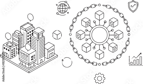 Blockchain Cube Network with Chain Ring – Decentralized Technology Line Vector