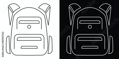 Own Created Minimal Line Art Backpack Icon Set. Modern School Bag Vector Illustration on White and Black background.
