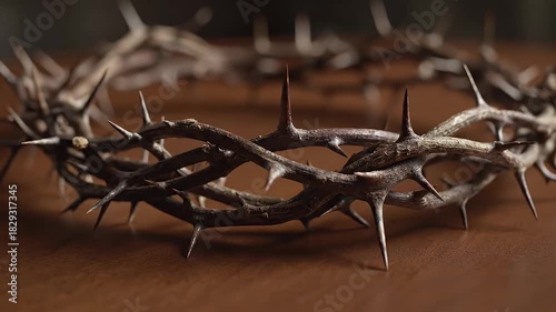 Close Up Of A Crown Of Thorns On A Wooden Table With Shallow Depth Of Field