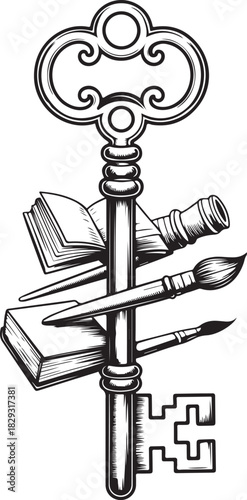 Vintage key with art and knowledge elements