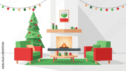 Festive holiday interior with christmas tree gifts and warm fireplace illustration
