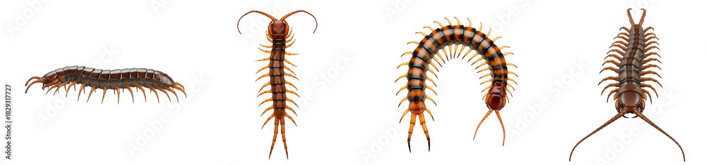 Fototapeta premium Four centipedes displayed in different poses against a plain colored backdrop in a studio shot on transparent background