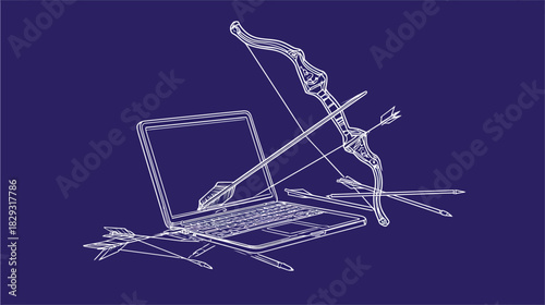 Blueprint illustration of a laptop, bow, and arrows, symbolizing digital precision, online targeting, and technological accuracy.