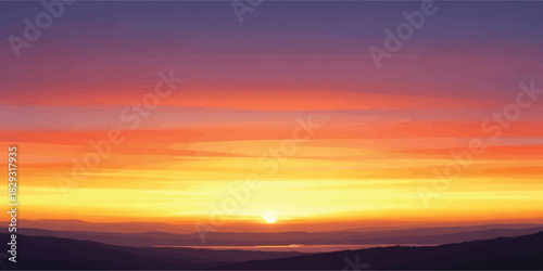 Vibrant sunset over distant mountains colorful sky with orange and purple hues nature background