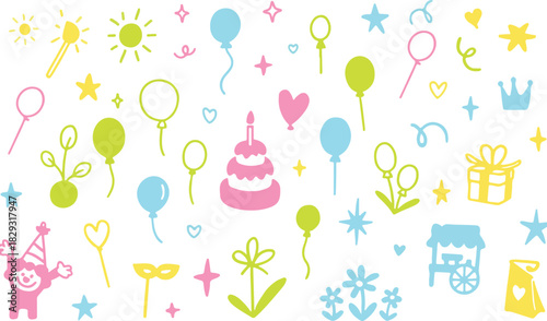 Set of childish whimsical colorful crayon scribbles. Kid cute line doodle happy birthday background with confetti, firework, stars. Celebration cake with candles colorful vector art 