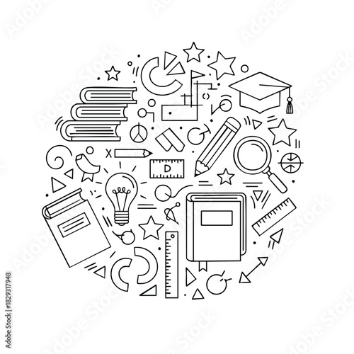 Education Learning Lineart Vector Illustration with Study Symbols Books and Creativity