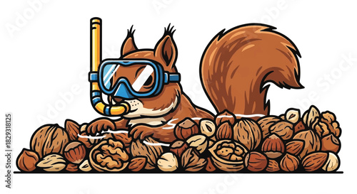Adventurous Cartoon Squirrel Wearing Scuba Gear, Snorkel and Oxygen Tank, Diving into a Pile of Acorns