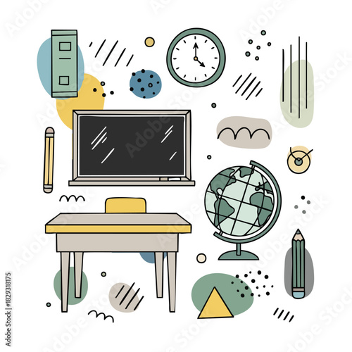 Back To School Classroom Object Set With Blackboard Desk And Globe