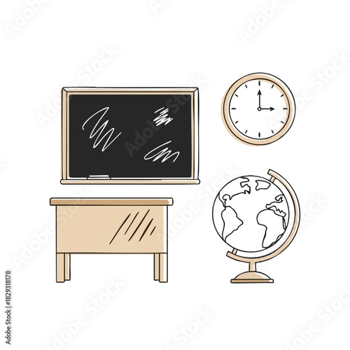 Back To School Classroom Interior With Blackboard Desk Clock Globe