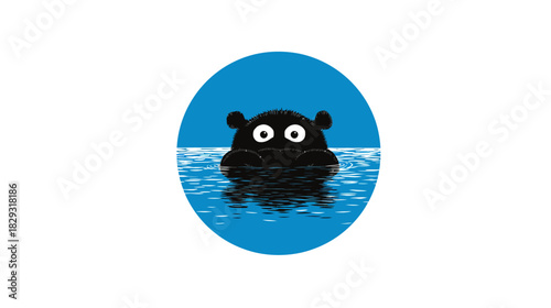 Cute cartoon fluffy black animal with big eyes swimming in blue water within a circular frame illustration