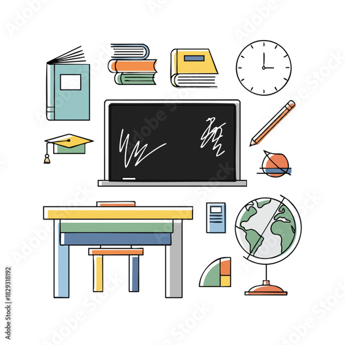 Back To School Classroom Object Set With Desk Blackboard And Globe