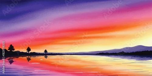 Colorful sunset over a calm lake reflecting the vibrant sky perfect for backgrounds and scenic designs