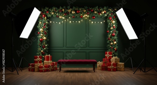 Christmas themed photo studio setup with lights presents and garland decoration on green wall backdrop