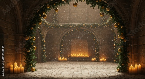 Festive stone hall decorated with garlands and candles creating a warm christmas atmosphere