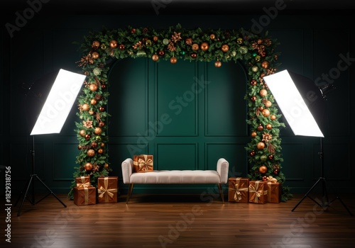 Festive christmas setup with garland arch, bench, gifts, and studio lighting in dark room setting