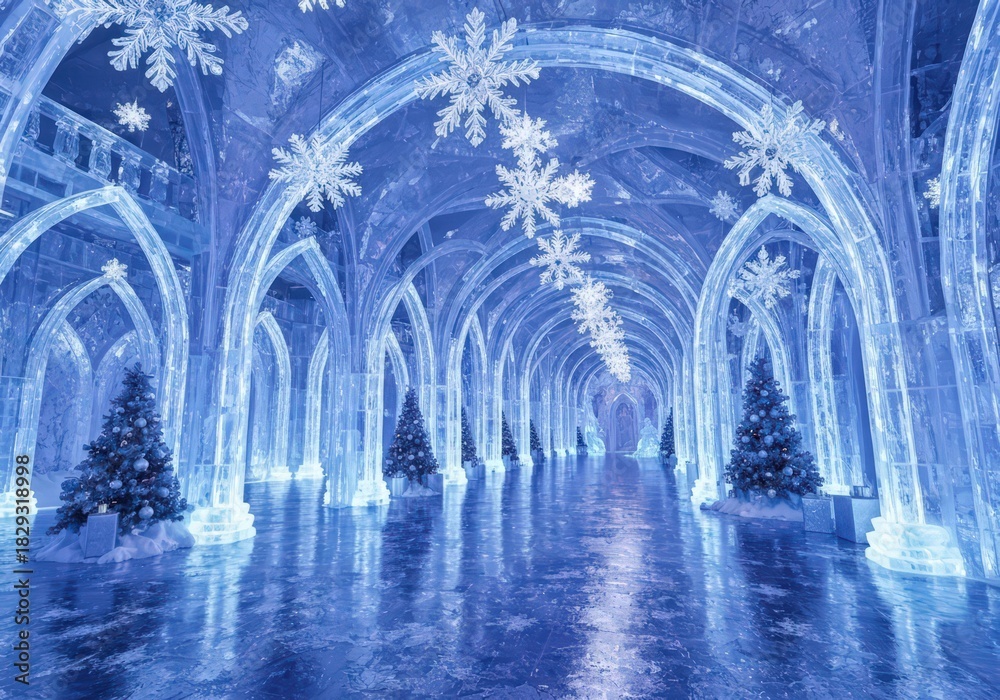 Obraz premium Ice palace corridor decorated with christmas trees and snowflakes in a winter wonderland scene