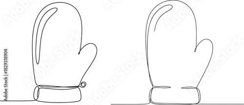 Minimalist continuous line drawing of a pair of winter mittens on a white background