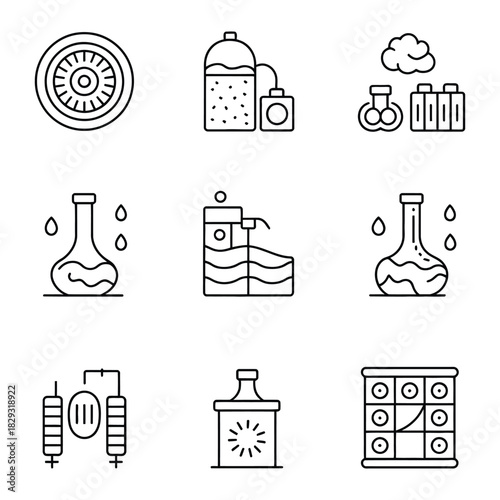 Science and chemistry laboratory equipment icons on white background experiment