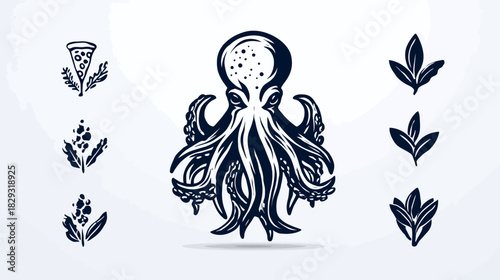Stylized Vector Illustration of an Octopus, Sea Creature, and Marine Animal with Food, Leaves, and Nature Graphic Elements.
