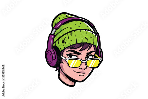 Cool Person in Beanie and Headphones Listening to Music