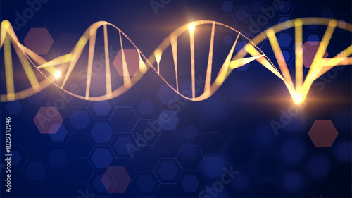 Golden genetic code with collagen proteins for skincare science. Biotechnology concept for personalized beauty products and DNA-based cosmetic innovation. Molecular biology background.