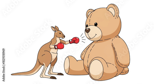 Funny Kangaroo Character Boxing and Sparring with a Large Teddy Bear, Playful Fighting and Sport Illustration
