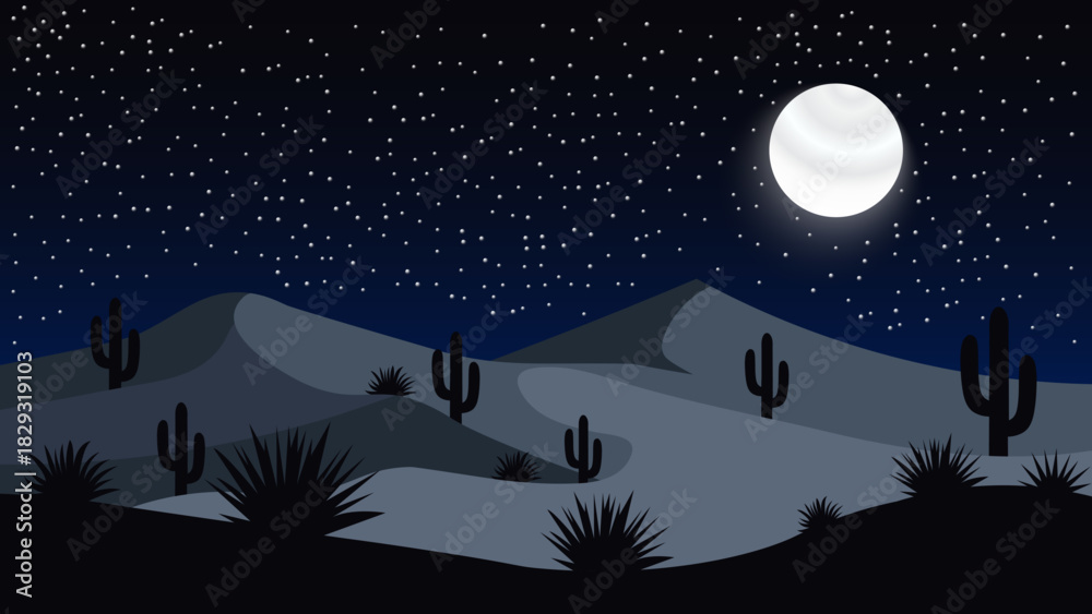 Naklejka premium Desert night scene with full moon and cacti under a starry sky