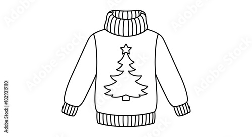 A simple black and white illustration of a christmas sweater with a tree design silhouette