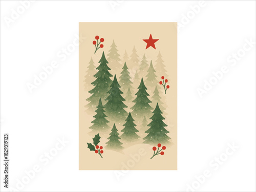 golden warm background, red forest cutout, snowfall, hanging ornaments, premium christmas artwork