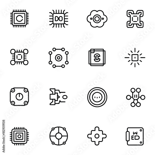 Sixteen line art icons representing computer chips and electronic components microchip processor