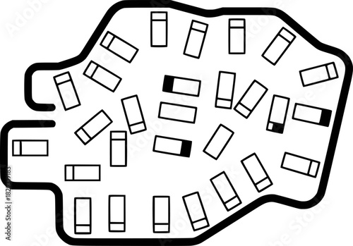 Abstract Illustration of Rectangular Objects Scattered Within a Black Outline