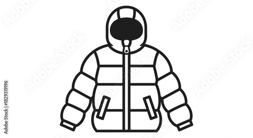 A simple black and white illustration of a hooded puffer jacket a modern outerwear silhouette