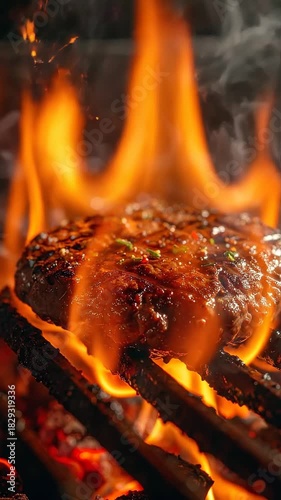 Juicy Beef Patty Grilling Over Intense Orange Flames on a Metal Barbecue Rack Sizzling with Smoke and Embers