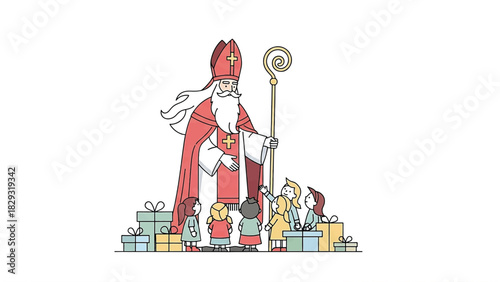 Santa Claus with Children and Gifts Illustration