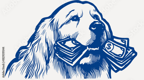 Illustrated Dog with Stacks of Money in Mouth. Canine Holding Dollar Bills, Symbolizing Wealth, Financial Success, and Prosperity.